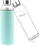 Ryaco Botella de Agua Cristal 550ml, Botella de Agua Reutilizable 18 oz, Sin BPA Antideslizante Protección Neopreno Llevar Manga y Cepillo de Esponja