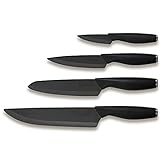 Ausker - Juego de cuchillos de cocina de cerámica negra, cuchillos chef, Santoku y multiuso para pelar y cortar de distintas formas, hojas profesionales de alto rendimiento (Set of 4)