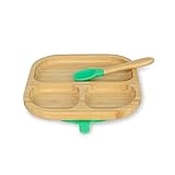 BIOZOYG Juego de platos de bambú cuadrados I Plato con ventosa y cuchara - certificado FSC I platos madera de bambú p. niños - plato y cuenco para niños I vajilla bambú para bebés cuadrada verde