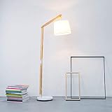 Moderna lámpara de pie de madera con pantalla textil, 1x E27 máx.60 W, metal / madera / textil, luz de madera / blanca
