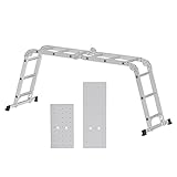 SONGMICS Escalera de Aluminio Multifuncional de 3,5 m, con 2 Placas Metálicas, Escalera Plegable, Carga de 150 kg, Plata GLT36M