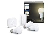 Philips Hue White - Set de 3 bombillas LED E27 con puente e interruptor, 9.5 W, iluminación inteligente, luz blanca cálida regulable, compatible con Apple Homekit y Google Home