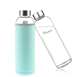 Ryaco Botella de Agua Cristal 550ml, Botella de Agua Reutilizable 18 oz, Sin BPA Antideslizante Protección Neopreno Llevar Manga y Cepillo de Esponja