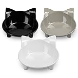Navaris 3X Comedero para Gato - Juego de 3 Cuencos para Comida y Agua para Perros y Gatos Antideslizantes - con Forma de Gato en Blanco Negro y Gris