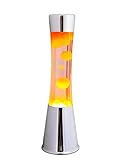 Fisura - Lámpara de lava naranja. Base plateada cromada, líquido transparente y lava naranja. Lámpara efecto relajante. Con bombilla de repuesto. 11 cm x 11cm x 39,5 cm.
