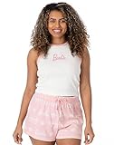 Barbie Pijama Corto Ladies | Logotipo de muñeca de Mujer Chaleco Blanco Acanalado con Pantalones Cortos elásticos Rosas Ropa Ropa Ropa Ropa Mercancía