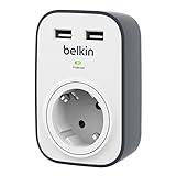 Belkin BSV103 SurgeCube - Protección contra sobretensiones con un zócalo y 2 puertos de carga USB con un total de 2.4 A, blanco
