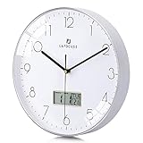 Lafocuse Reloj de Pared Calendario Plateado con Fecha y Termometro LCD Reloj Silencioso Moderno para Oficina Dormitorio Sala 30 cm