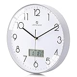 Lafocuse Reloj de Pared Calendario con Fecha y Termometro LCD, Silencioso Reloj Plateado Moderno, Fácil de Leer sin Tictac para Cocina Oficina Dormitorio Salon 30cm