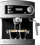 Cecotec Cafetera Express Manual Power Espresso 20. 850 W, Presión 20 Bares, Depósito de 1,6L, Brazo Doble Salida, Vaporizador, Superficie Calientatazas, Acabados en Acero Inoxidable