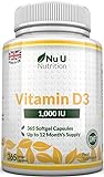 Vitamina D3 365 Cápsulas Blandas (Suministro para Todo el Año) Suplemento de Vitamina D3 de 1000 UI, Colecalciferol de Alta Absorción por Nu U Nutrition
