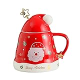 Taza de café de Navidad,tazas de té de cerámica con tapa de sombrero de Navidad y palo de agitación,taza de Papá Noel para café,té,leche,Acción de Gracias,oficina 400ML (rojo)