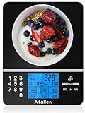 Ataller Báscula de dieta de cocina, báscula digital de alimentos con visualización de datos nutricionales, calculadora precisa de peso y nutrientes, vidrio templado, resolución 1 g, máximo 5 kg 11 Ib