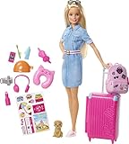 Barbie Muñeca Viajera - Conjunto de Viaje con Maleta Rosa y Perro - Más de 10 Accesorios - Con Pegatinas - Regalo para Niños de 3-7 Años, FWV25