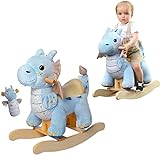 labebe Caballo mecedora de madera para bebé, columpios de jazz marrón, caballo balancín de peluche para niños, juguete mecedora de juguete para niños pequeños a partir de 1 año (azul)