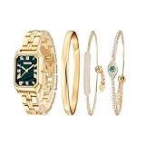 TIME100 Juego de Reloj de Pulsera Rectangular para Mujer y Brazalete con Correa de Acero Inoxidable Set Conjunto de Reloj de Pulsera Premium con Detalles de Cristal(Verde)