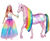 Barbie - Dreamptopia Muñeca con pelo rosa y su unicornio luces mágicas (Mattel GWM78),Embalaje sostenible