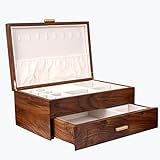 Joyero - Organizador de joyero vintage cuadrado de madera maciza hecho a mano con cajón forrado de terciopelo para pulseras, relojes, collares, anillos, aretes y accesorios