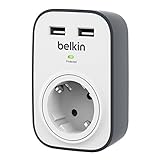 Belkin SurgeCube - Regleta de protección contra sobretensiones con 1 enchufe, montable en la pared, 2 puertos, protección hasta 306 julios USB, blanco