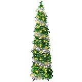 Árbol de Navidad artificial plegable, con espumillón desplegable de 1,5 m con 100 luces LED, de lentejuelas grandes para decoraciones de Navidad, fiestas, carnaval