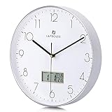Lafocuse Reloj de Pared Calendario Plateado con Fecha y Termometro LCD Reloj Cuarzo Silencioso Modernos para Oficina Dormitorio Sala 30 cm