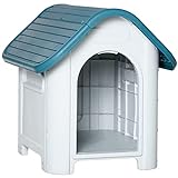 PawHut Caseta para Perros Mini para Uso Interior y Exterior con respiraderos Estilo Cabaña Resistente 59x75x66 cm Azul y Gris