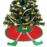 Falda de árbol de Navidad, AIMMIE 47 pulgadas Falda de árbol de Navidad de mimbre Alfombrilla de árbol Decoración Falda de árbol de Navidad con pies elfos verdes Patas de rayas rojas y blancas Canasta