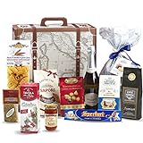 Cestas de Navidad Speciale Italia - Caja de regalo de comida 'Journey into Taste' en forma de maleta con 500 g de panettone, vino espumoso, productos gastronómicos y de confitería, 11 piezas