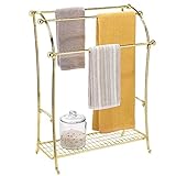 mDesign Colgador de toallas – Toalleros de pie con 3 barras – Cuelga toallas de metal con bandeja para accesorios de baño – dorado latón