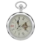 Treeweto - reloj de bolsillo para hombre, color plata con números romanos y cadena, formato 24 HORAS sol y luna + caja de regalo