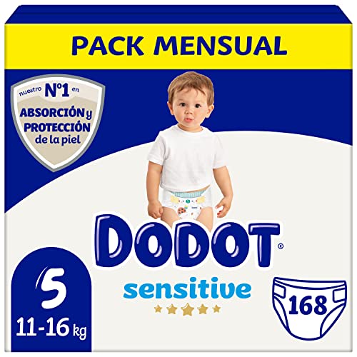 Dodot Pañales Bebé Sensitive Talla 5 (11-16 kg), 168 Pañales, Óptima Protección de la Piel de Dodot, Pack Mensual
