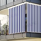 Toldo de rayas para balcón, porche o terraza, con anillas y ganchos, tejido resistente de exterior, tamaño 145 x 250 cm, aprox. color azul y blanco