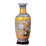 Jarrón grande de 46 cm de alto de China, Jingdezhen de cerámica grande con soporte de madera, flor oriental y pájaro decorativo para el hogar, dorado
