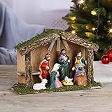 Kamaca Belén de Navidad con 7 figuras pintadas a mano, de madera tallada a mano, refinada a mano con musgo, decoración de invierno, Adviento, Navidad, 30 x 10 x 21 cm