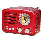 PRUNUS J-160 Am/FM/SW Transistores Radio Vintage Retro Bluetooth, Radio Portatil Pequeña Recargable con Batería de 1800mAh, Reproductor USB/TF/AUX, Radio Multibanda con Excelente Recepción (Rojo)