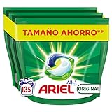 Ariel All-in-One Detergente Lavadora Liquido en Capsulas/Pastillas, 135 Lavados (3x45), Original, Jabon 5 Acciones para una Limpieza Brillante en Frio