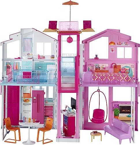 Barbie Supercasa, casa de muñecas con accesorios , con cuatro habitaciones, terraza en la azotea, detalles realistas, piscina y muebles, DLY32