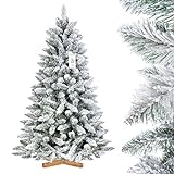 FairyTrees Pícea Natural con Nieve, Árbol de Navidad Artificial, PVC, Soporte de Madera, 150cm
