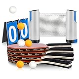 XDDIAS Raquetas de Tenis de Mesa, 4 Raquetas + Red Retráctil + Tarjeta de Puntuación + 6 Bolas Conjunto de Pingpong Set Portátil para Interior al Aire Libre Regalo
