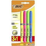 BIC Highlighter Grip Subrayadores Fluorescentes de Punta Biselada, Óptimo para material escolar,Colores Surtidos, Blíster de 4