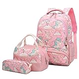 A AM SeaBlue Mochila Escolar Unicornio Niña Infantil Adolescentes Sets de Mochila Backpack Casual Set con Bolsa del Almuerzo y Estuche de Lápices Rosa