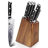 SHAN ZU Juego de bloque de cuchillos Damasco serie PRO, 5 cuchillos y 1 acero para afilar con bloque de cuchillos de madera de primera calidad