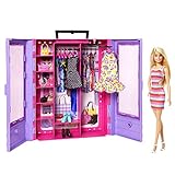 Barbie Fashionista Armario portátil para ropa de muñeca, incluye 3 looks completos, 6 perchas y muñeca, juguete +3 años (Mattel HJL66)