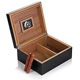 Escritorio Cigarro Humidor, MEGACRA Caja de almacenamiento de cigarros de madera y cuero con diseño de sello de pozo con divisor ajustable, higrómetro de vidrio y humidificador de rectángulo, capacidad para 25-50 cigarros