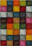 Alfombra Salón Pelo Corto Diseño Cuadros Colorida Cuadrados Multicolor Alegre, tamaño:160x230 cm