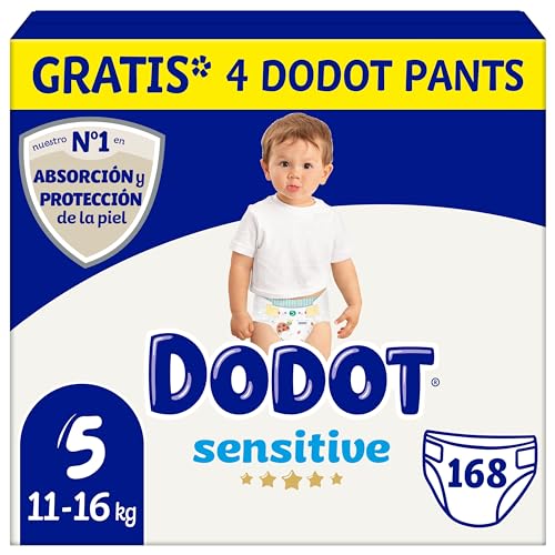 Dodot Pañales Bebé Sensitive Talla 5 (11-16 kg), 168 Pañales + 4 Pants Gratis, Óptima Protección de la Piel de Dodot, paquete Mensual