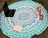 raajsee Tela Redonda de Mandala Estilo Hippie,de diseño Indio Bohemio, Ideal como Colcha, Tapiz Decorativo, Mantel o Toalla de Playa, para meditación y Yoga, 175 cm, algodón, Verde, 70 in