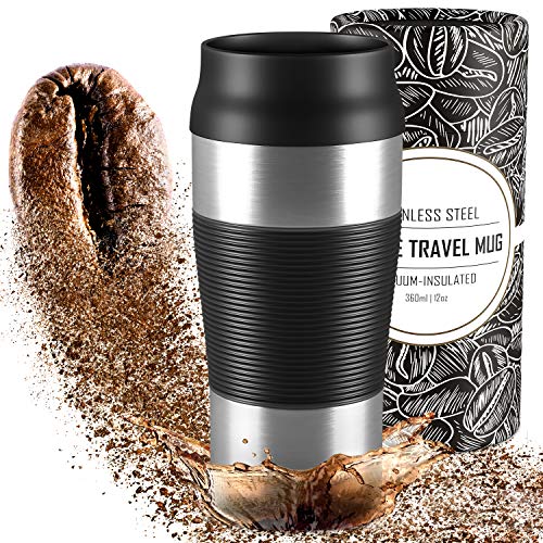 Termo de café para llevar de acero inoxidable 360 ml | Taza de café térmica sin BPA de doble pared, aislado al vacío, antigoteo, apto para lavavajillas | Termo de viaje + Taza de té reutilizable