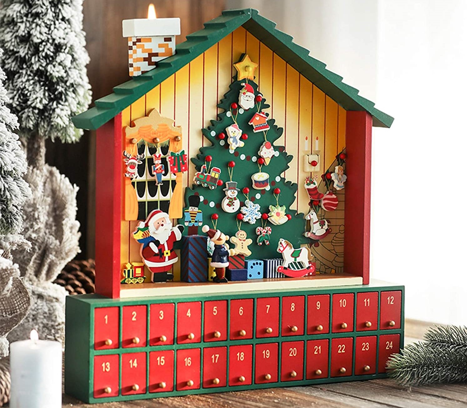 BAKAJI Calendario de Adviento de Navidad de Madera con 24 cajones numerados para Sorpresa decoración Hogar 